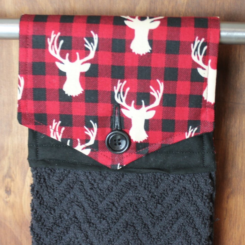 MOOSE RED & BLACK BUFFALO CHECK PRINT HANDMADE HANGING HAND TOWEL BLACK TOWEL